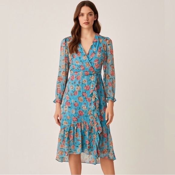 Adelyn Rae Dresses & Skirts - Adelyn Rae Floral Ruffle Wrap Midi Dress Blue – Size Small Feminine Romantic